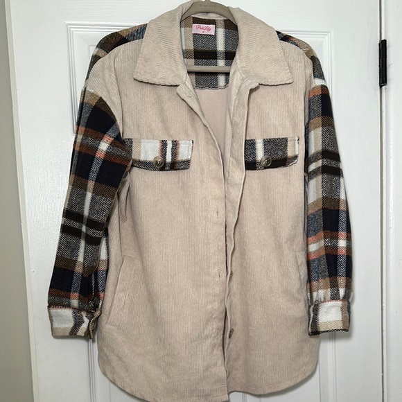Pink Lily Cream Shacket with Navy Plaid Accents - Picture 1 of 4